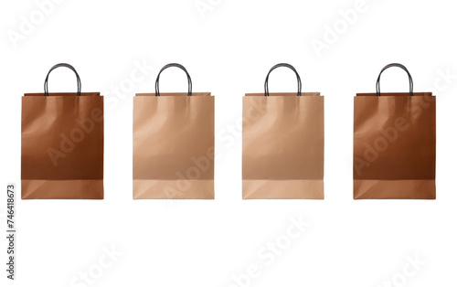 Three brown paper bags are arranged neatly on a table, with visible creases and handles. The bags seem to be ready for use or storage. on a White or Clear Surface PNG Transparent Background.