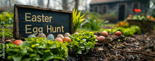 Rustic Easter Egg Hunt signboard surrounded by fresh spring greens and pastel colored eggs nestled in a garden setting, heralding a festive outdoor seasonal activity photo