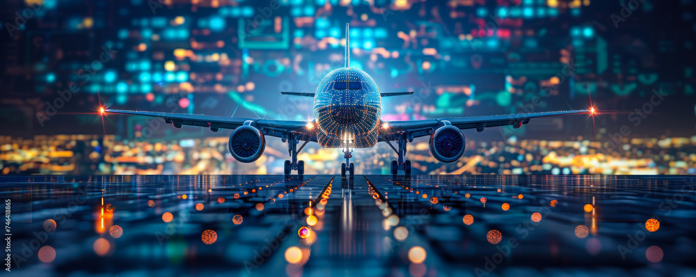 Futuristic Visualization of an Airliner with Digital Network Connectivity Over a Smart Cityscape, Symbolizing Advanced Air Travel Technology - obrazy, fototapety, plakaty 