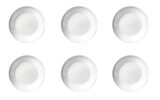 Set of Six White Plates. A set of six identical white plates The plates are simple and elegant, perfect for serving meals. on a White or Clear Surface PNG Transparent Background.