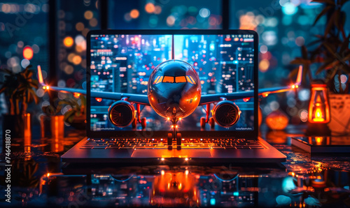 Futuristic concept of a commercial airliner jet emerging from a laptop screen, symbolizing online travel booking, virtual tourism, and digital flight services