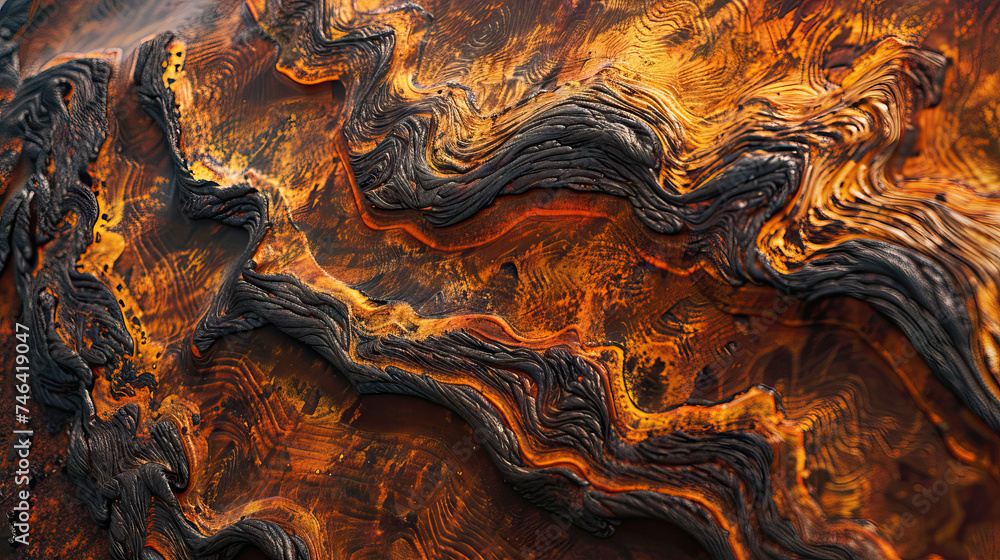 Macro View of Lava Flow Patterns in the Hawaiian Islands, Showing Intricate Textures. Concept of volcanic landscapes, lava flows, and geological features - obrazy, fototapety, plakaty 