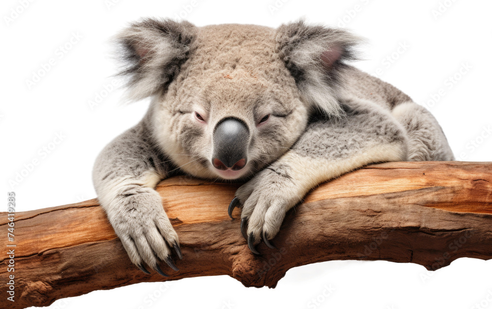 Fototapeta premium Koala Sleeping. A koala is peacefully resting on top of a tree branch. Its furry body is curled up in a comfortable position. on a White or Clear Surface PNG Transparent Background.