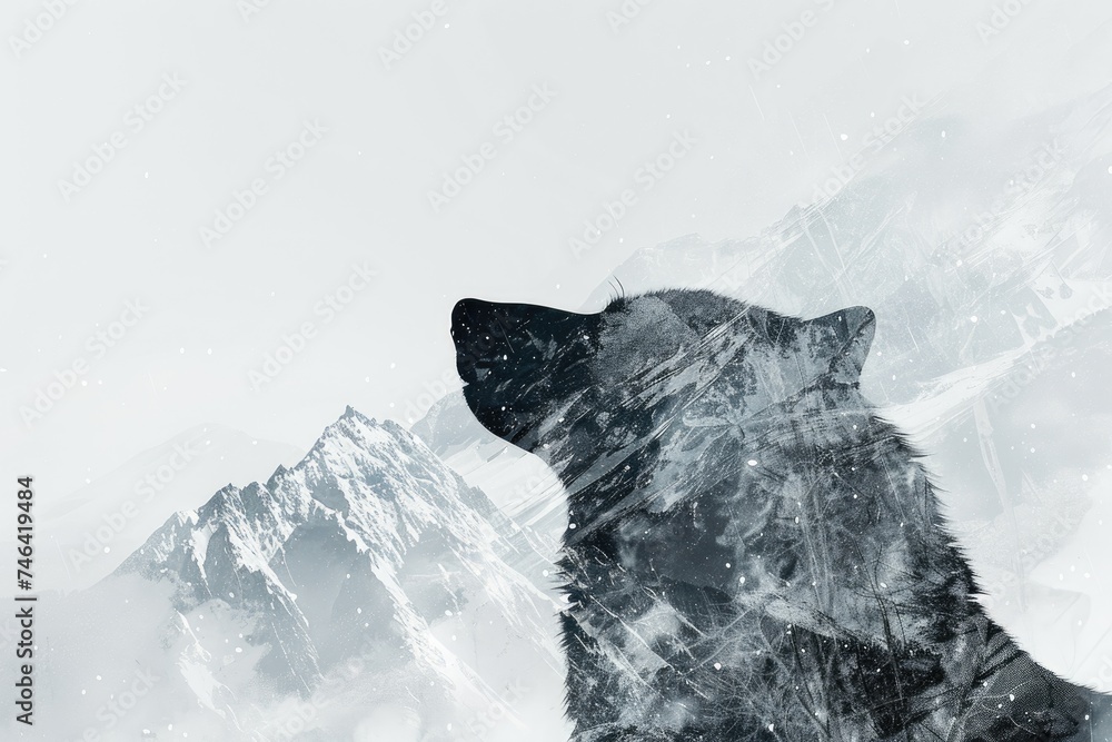 Obraz premium A wolf blended with the silhouette of a snowy mountain peak in a double exposure