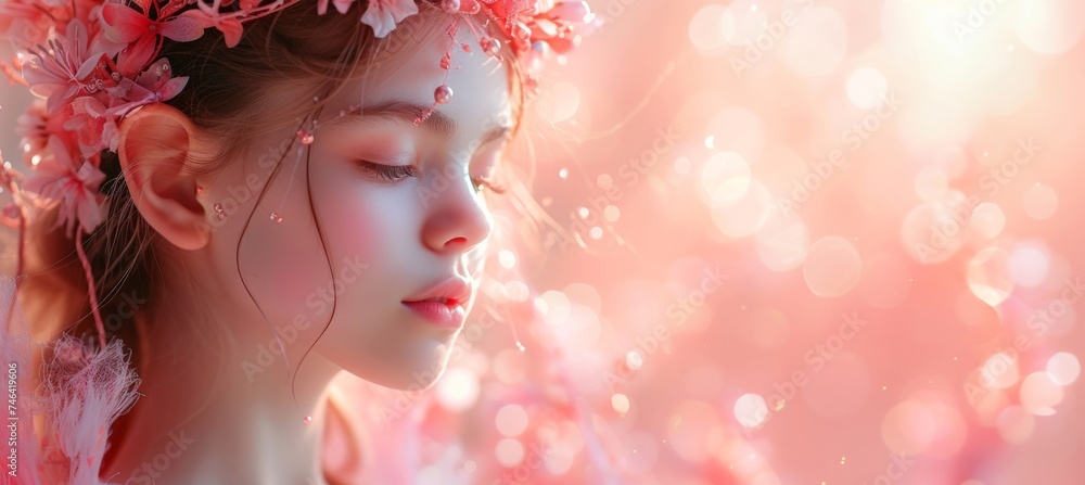 Girl with Pink Flowers in Hair and Flower Wreath on Head in Beautiful Natural Setting