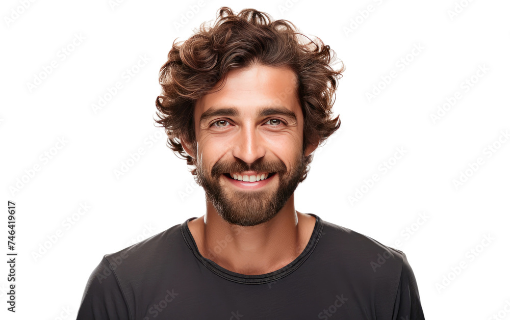 Fototapeta premium Smiling Man With Curly Hair and Beard. A man with curly hair and a beard is smiling in this photo. He looks happy and relaxed. on a White or Clear Surface PNG Transparent Background.