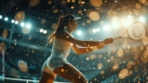 Girl tennis player hitting the ball with a racket on a tennis court with bright spotlight lights photo