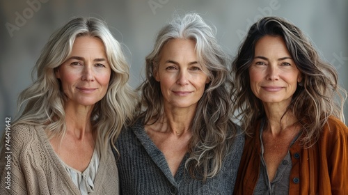 Three women in swimsuits are standing near the beach.