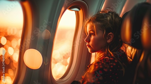Adorable Child girl sits by the window at plane soars through the sky. Childhood wonder during an airplane journey