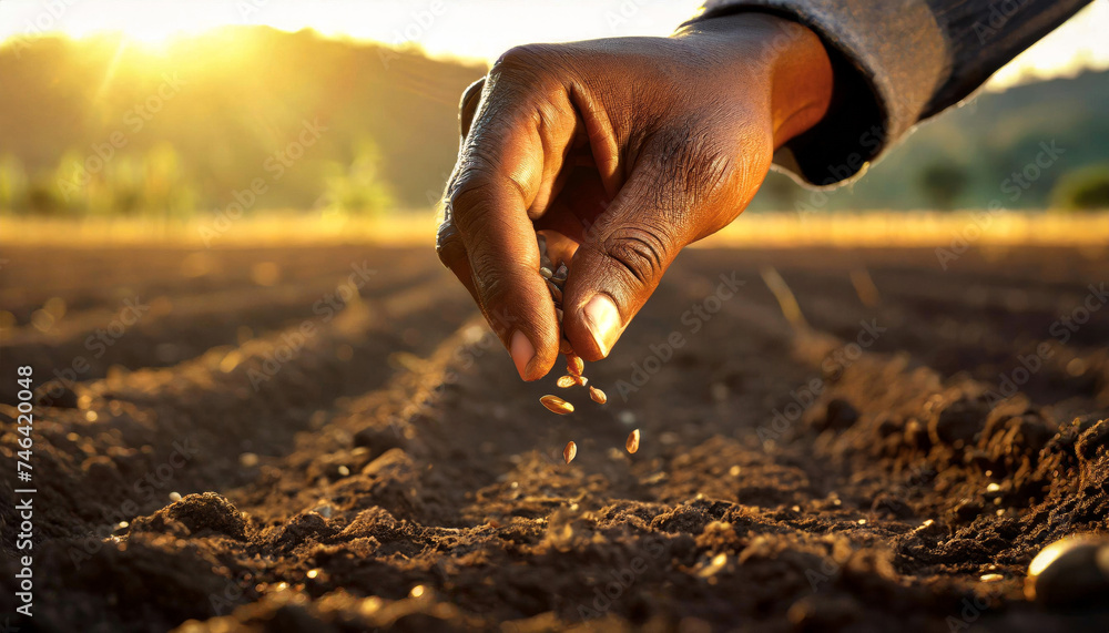A farmer's hand sows seeds in a plowed field. Concept of new technology in agriculture - obrazy, fototapety, plakaty 