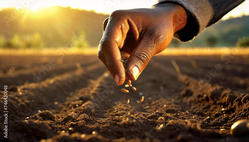 A farmer's hand sows seeds in a plowed field. Concept of new technology in agriculture photo