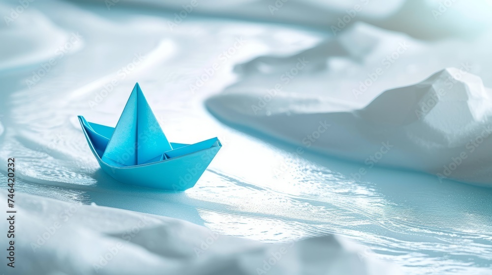 Obraz premium blue paper boat on the water.