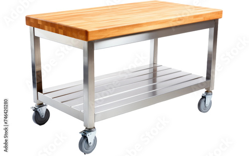 Wooden Cutting Board on Metal Cart. A wooden cutting board is placed on a sturdy metal cart, ready for food preparation. on a White or Clear Surface PNG Transparent Background. photo