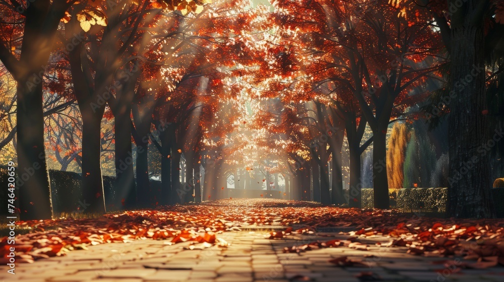 Beautiful romantic alley in a park with colorful trees and sunlight. autumn natural background - obrazy, fototapety, plakaty 