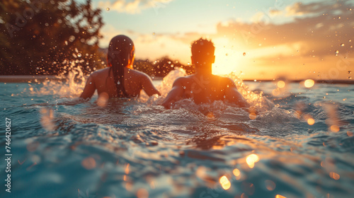 Waves of Happiness A Pair of Woman and Man Laughing and Swimming at Sunset