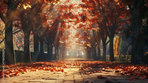 Beautiful romantic alley in a park with colorful trees and sunlight. autumn natural background © Sasint