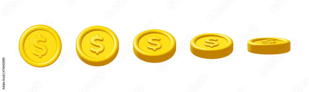 3d gold dollar coins rotate isolated on white background. Design element illustration PNG. 3d gold dollar coins rotate isolated on white background. Design element illustration PNG.