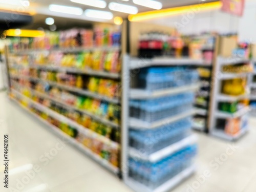 Wallpaper Mural Blurred photo of display shelves at a mini market in Jakarta, Indonesia. Torontodigital.ca