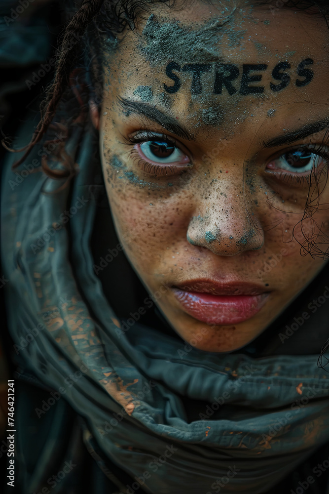 A woman with a text Stress on her forehead A woman with a text Stress on her forehead