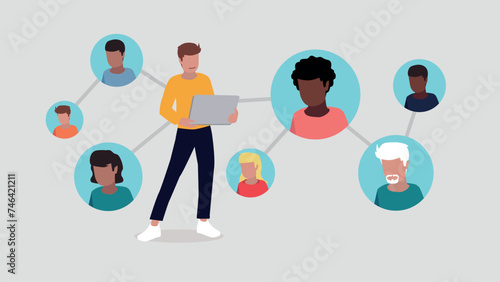 Vektor-Illustration eines Mannes, der in einem sozialen Netzwerk verbunden ist - soziales Netzwerk-Konzept