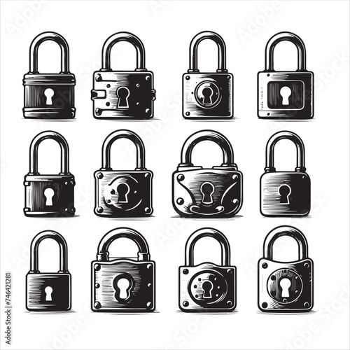 Silhouettes of vintage metal padlocks

