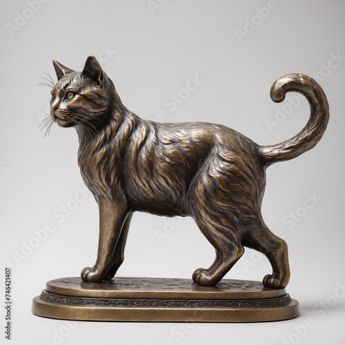 Bronze statuette of a cat on a pedestal, side view, white or light grey solid background