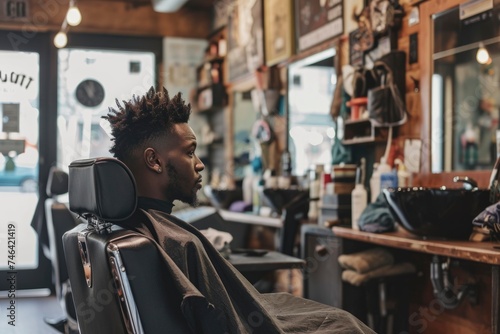 a man is sitting in haircutting chair in a barber shop. generative ai