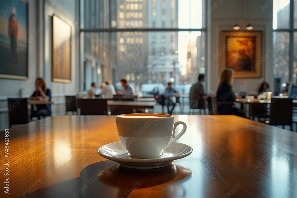 Coffee cup on table in front of people in coffee shop, cozy atmosphere, socializing over drinks