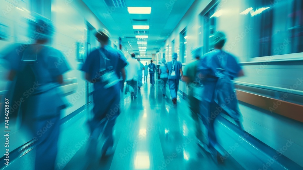 Fototapeta premium Blurred motion of diverse doctors and medical staff in busy hospital corridor, copy space. Hospital, medical, and healthcare services.