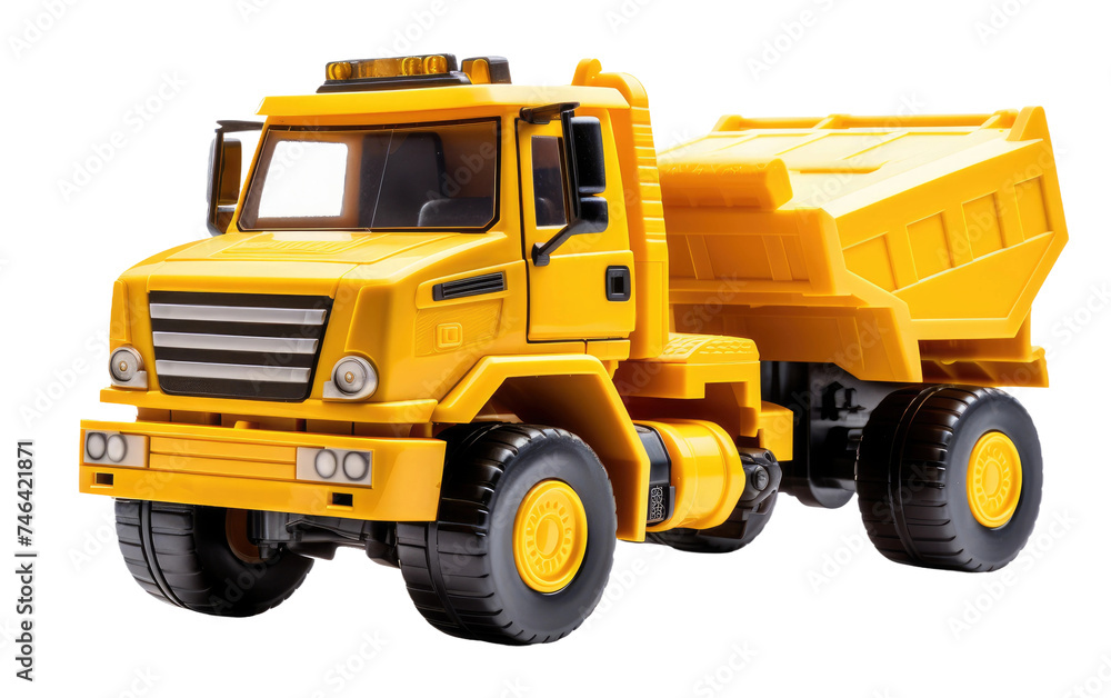 Toy Dump Truck. The bright yellow truck features realistic details like wheels, a dump bed, and vibrant decals. on a White or Clear Surface PNG Transparent Background.