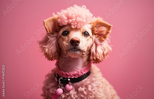 Pink dyed poodle dog isolated on plain pink studio background