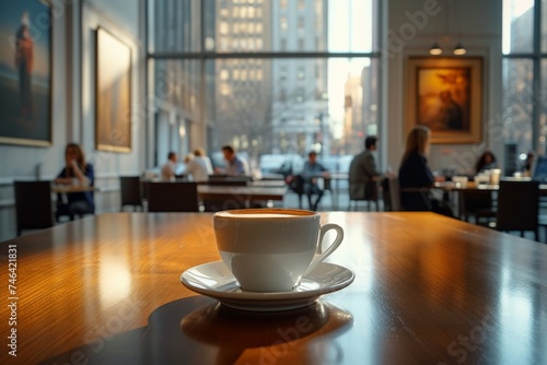 Coffee cup on table in front of people in coffee shop, cozy atmosphere, socializing over drinks