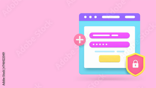 Online account authorization login password web page banner with copy space 3d icon realistic vector
