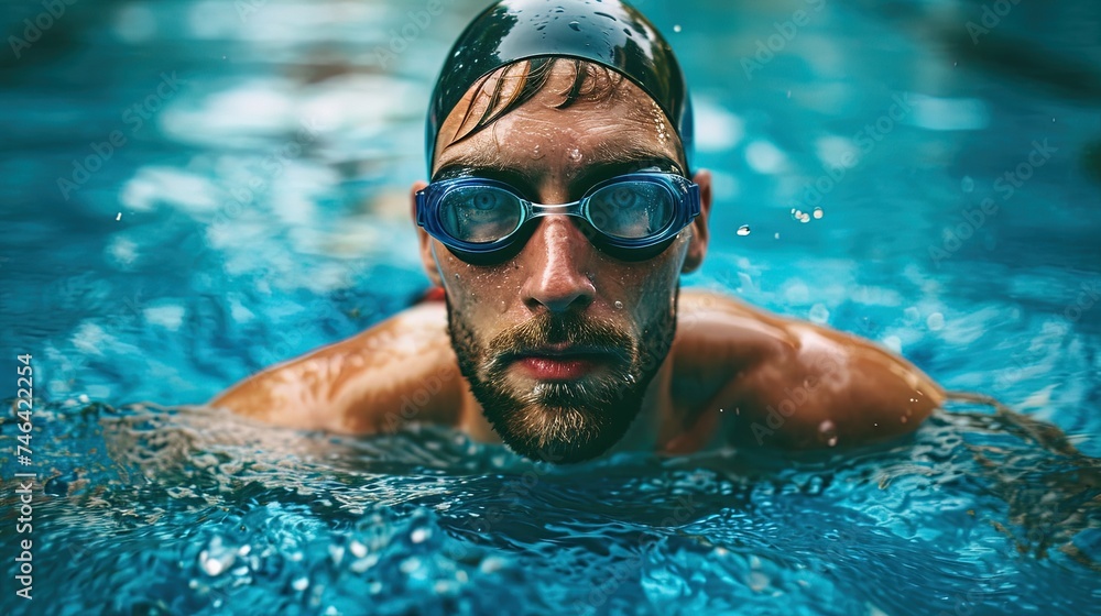 Fototapeta premium Male swimmer in goggles and a rubber cap glides through the pool water, man in the pool