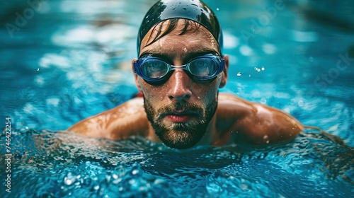 Male swimmer in goggles and a rubber cap glides through the pool water, man in the pool
