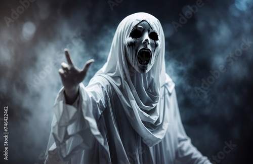 Horror white undead ghost screaming on black background