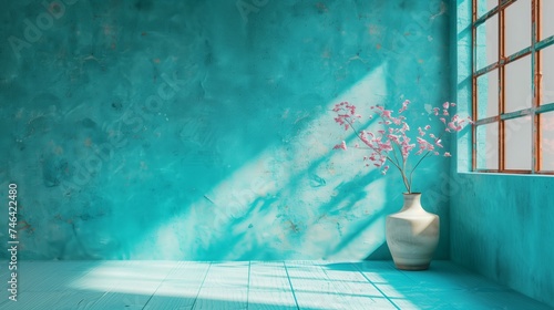 Cherry blossom pots and emerald green wall. Generative AI