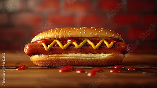 One Hot dog with mustard and ketchup closeup on minimalistic background. Created with Generative AI