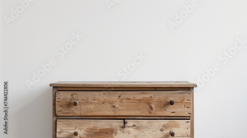 White wall and a wooden chest of drawers. Minimalism interior wall background. Generative AI