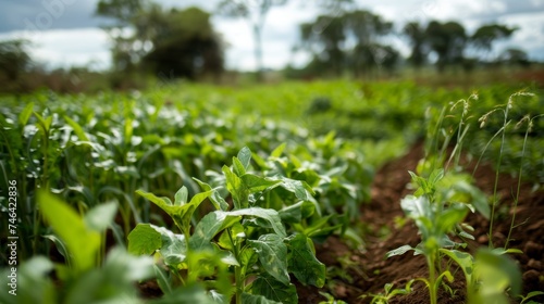 Vibrant green crop rows with a backdrop of cloudy skies in a serene agricultural setting.