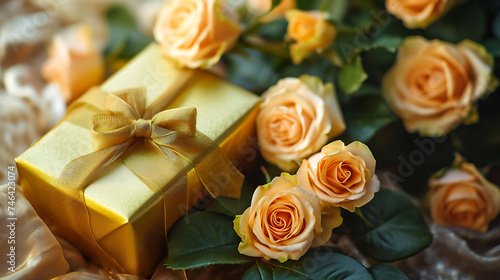 Golden gift resting on roses