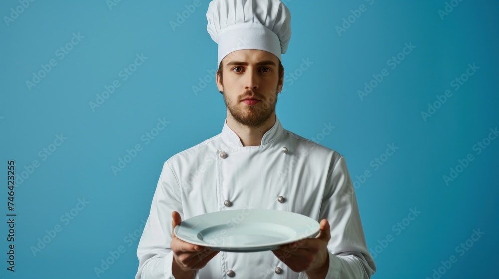 cooking, culinary, male chef holding empty plate, male chef in toque and jacket over blue background, professional, show, serve, cooking, , gourmet, food, service, restaurant, presenting. cooking, culinary, male chef holding empty plate, male chef in toque and jacket over blue background, professional, show, serve, cooking, , gourmet, food, service, restaurant, presenting.
