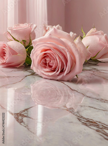 Pink roses strewn on glossy reflective marble floor - romantic roses background