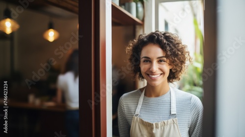 Free Download Portrait of a happy owner standing at the door of cefe shop, a cheerful adult waiter waiting for customers at a coffee shop, successful small business owner, professional, service - GFXLoad
