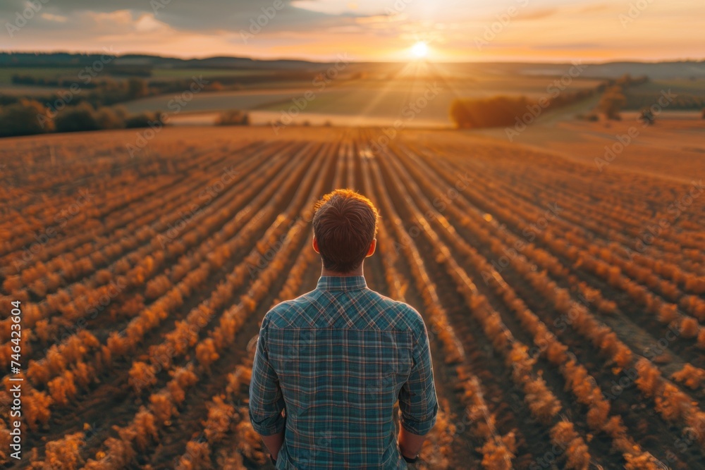 Fototapeta premium A farmer on an agricultural field Standing on farmland against the beautiful evening sunset sun, back view