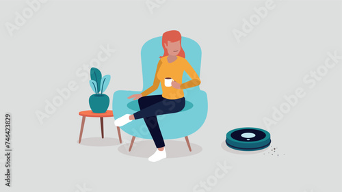 Vektor-Illustration einer Person, die in einem Stuhl entspannt, während der Roboter Staubsauger das Haus reinigt - smart home Konzept