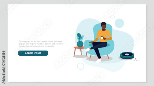 Vektor-Illustration einer Person, die in einem Stuhl entspannt, während der Roboter Staubsauger das Haus reinigt - smart home Konzept