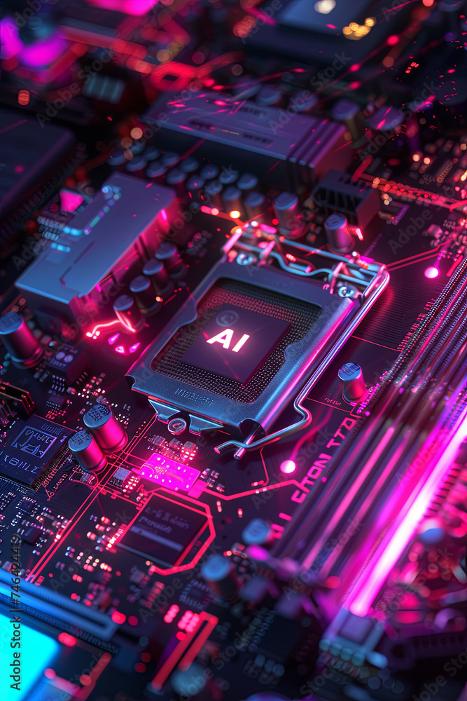 An Artificial Intelligent powered CPU on a motherboard with the text AI An Artificial Intelligent powered CPU on a motherboard with the text AI