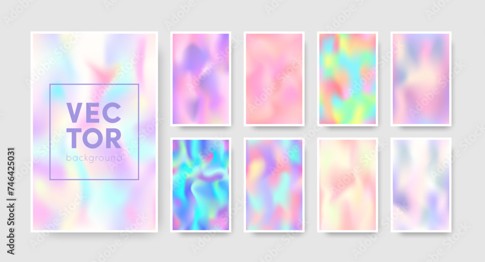Vector abstract holographic vertical backgrounds set. Colorful shiny fluid gradient wallpapers collection for web, app, banner background.