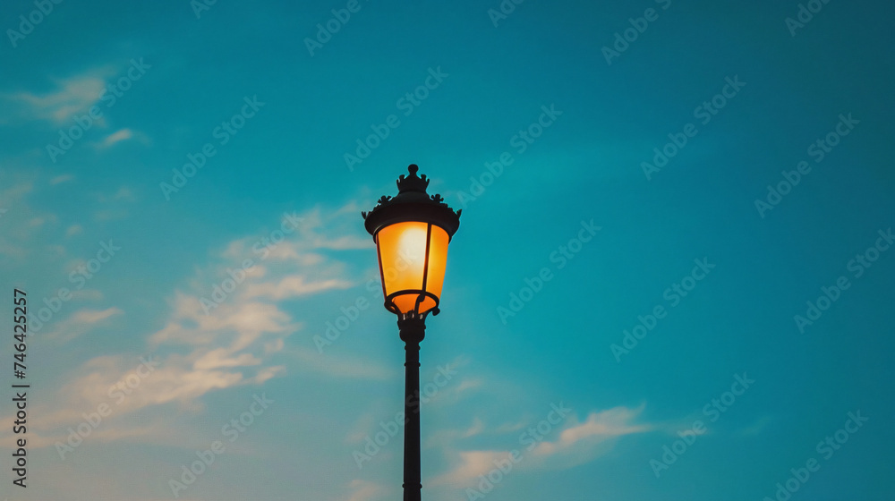 Profile of a city lamp against a blue sky.